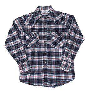 Vintage 1980s Pal Pearl Snap Flannel Shirt M Blue Red Plaid Western Cowboy
